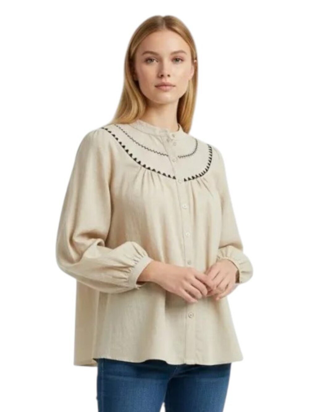 Rochelle Behrens Women's Size L The Shirt Embroidered Round Yoke Beige Shirt
